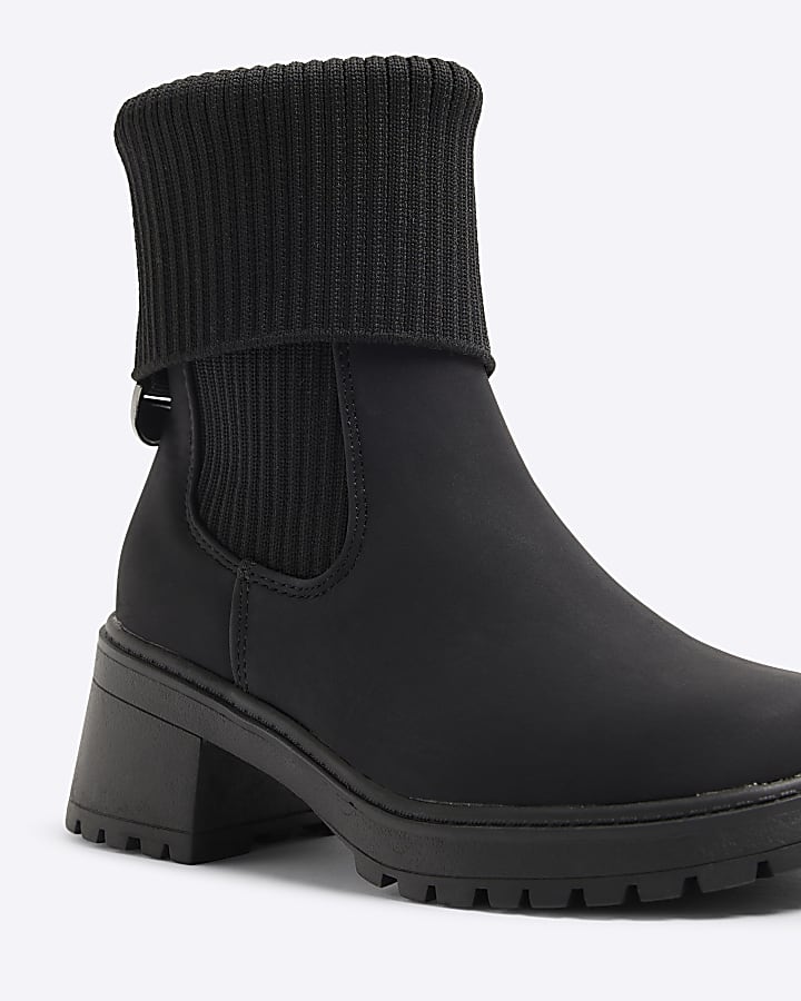 Girls black roll knit heeled boots