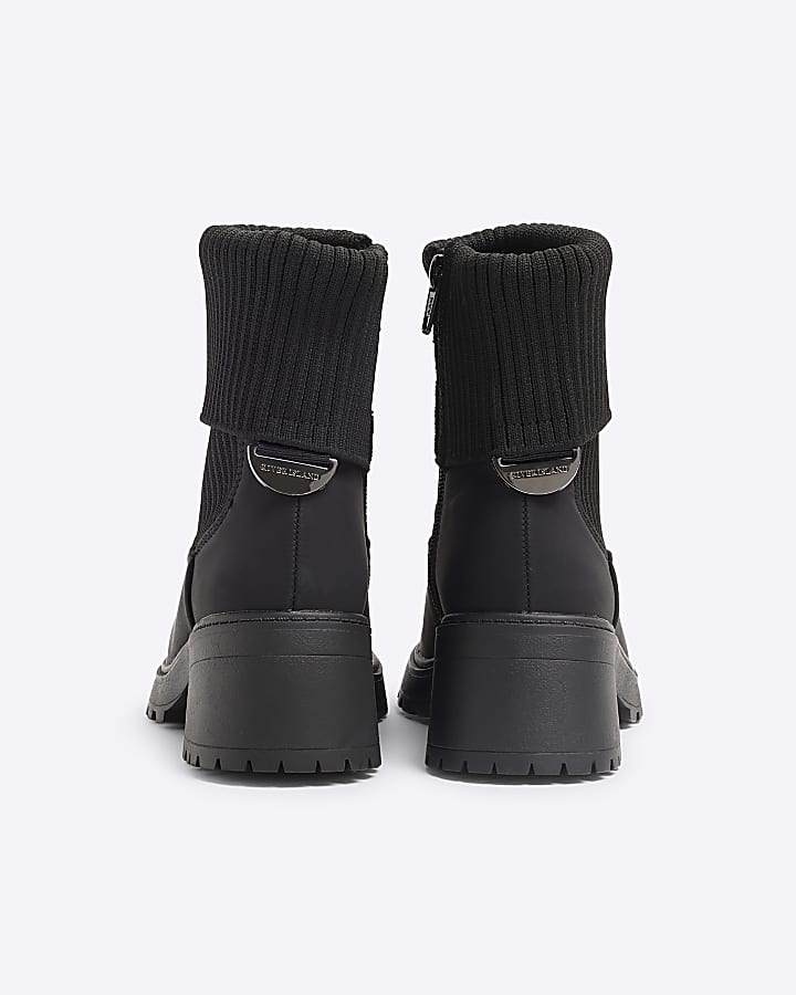 Girls black roll knit heeled boots