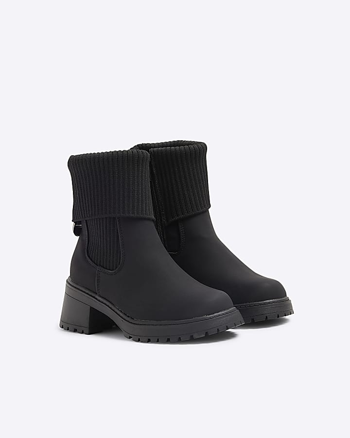 Girls black roll knit heeled boots