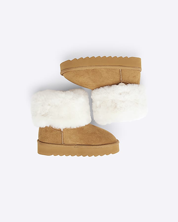 Girls beige faux fur cuff boots