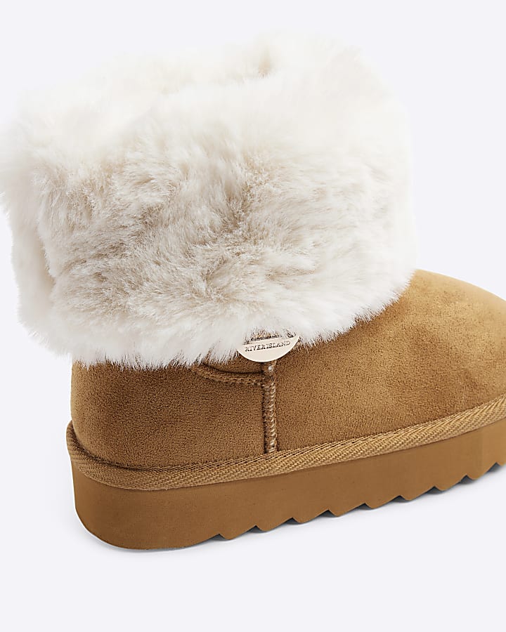 Girls beige faux fur cuff boots