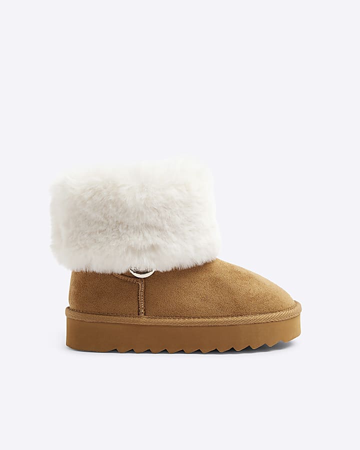 Girls beige faux fur cuff boots