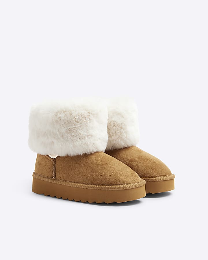 Girls beige faux fur cuff boots