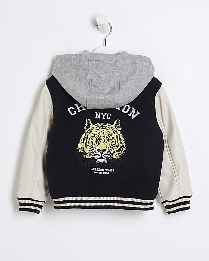 Mini Boys Black Embroidered varsity Jacket