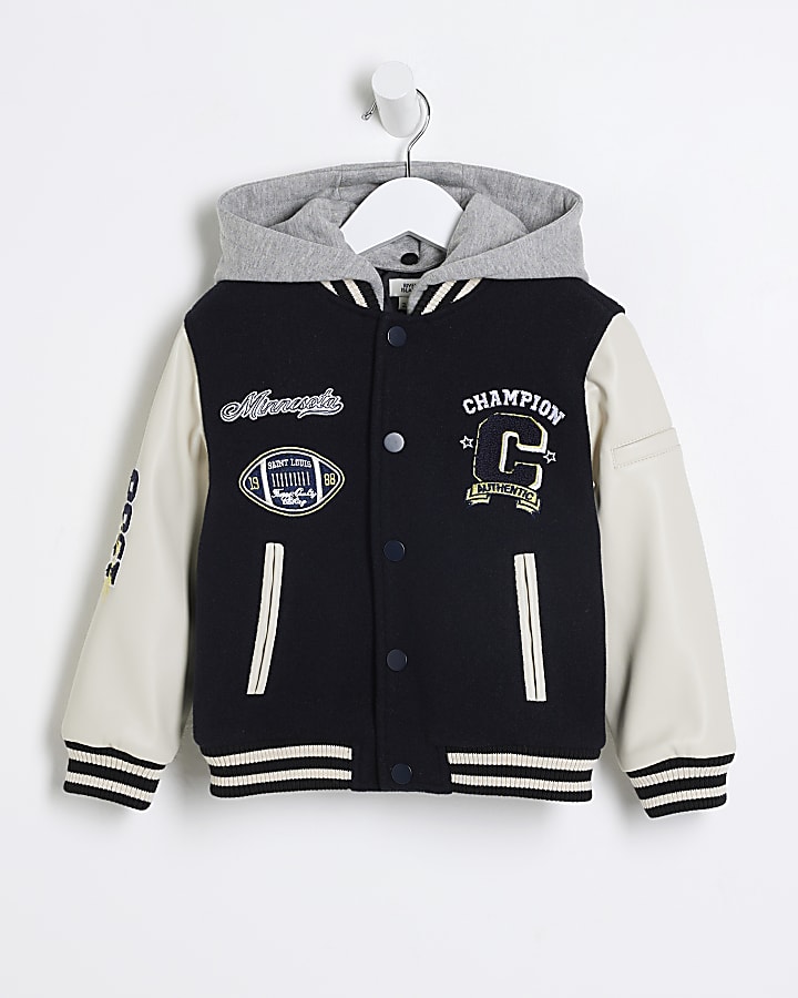 Mini Boys Black Embroidered varsity Jacket