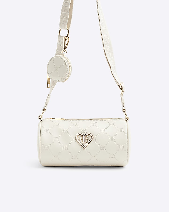 Girls cream RI embossed barrel cross body bag
