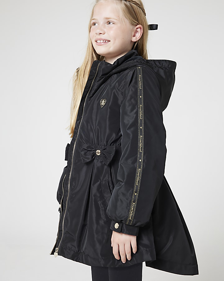 Girls black elasticated hooded rain coat River Island