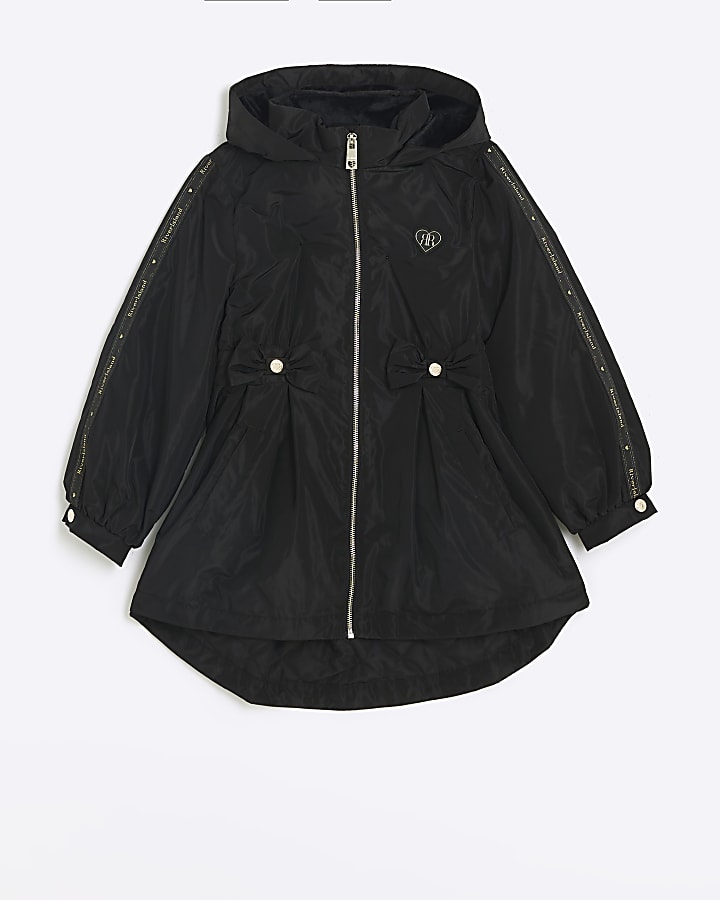 Girls black elasticated hooded raincoat