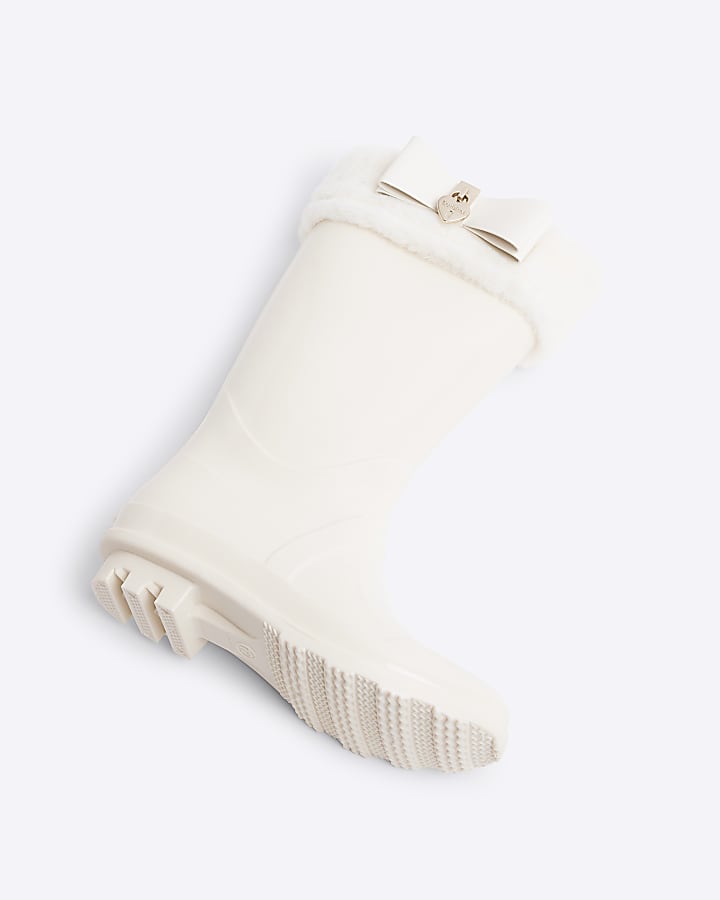 Girls Cream Fur Bow Wellies