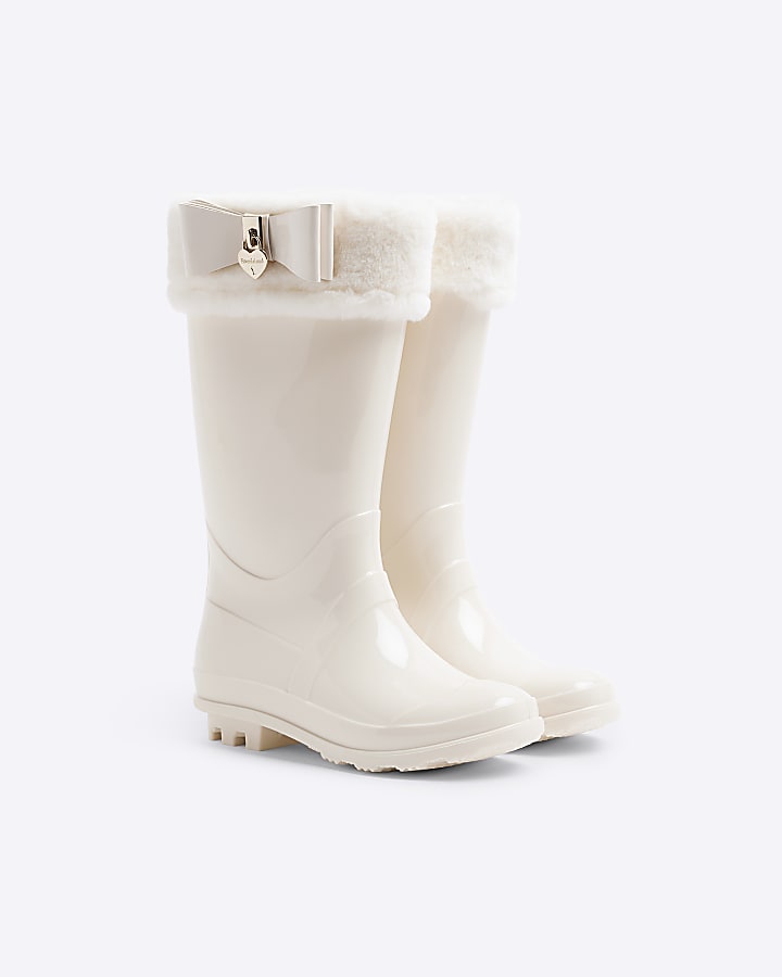 Girls Cream Fur Bow Wellies