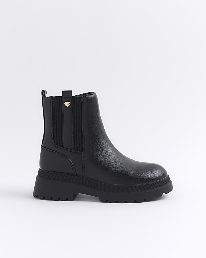 Girls black faux leather stud chelsea boots River Island