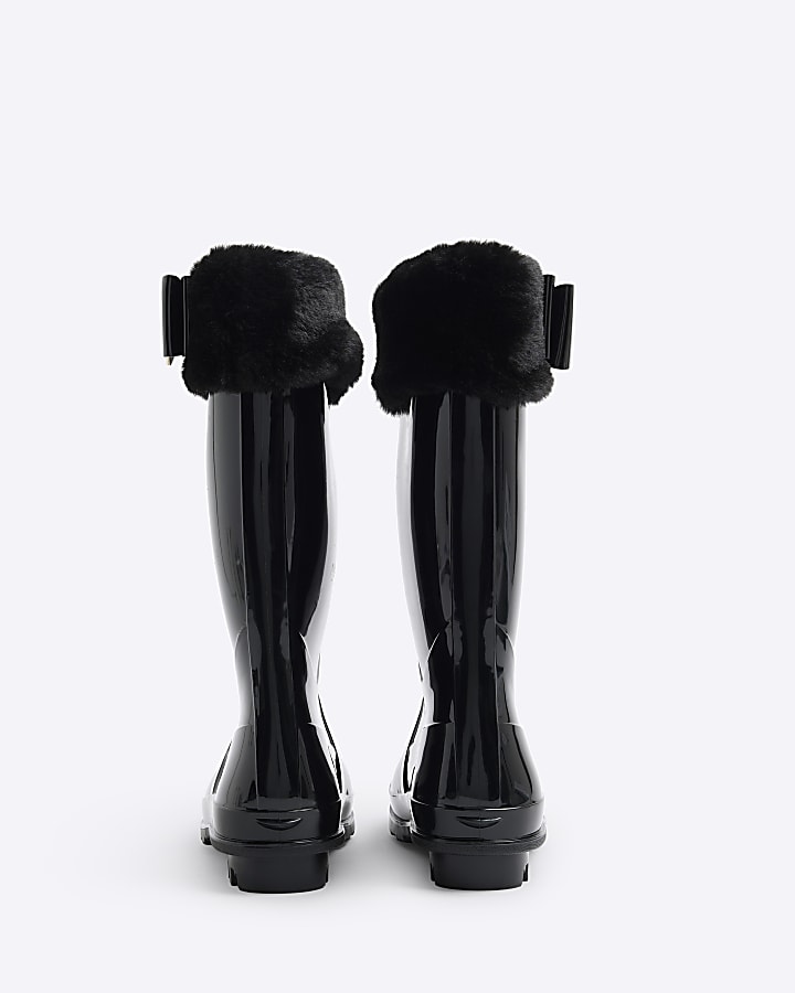 Girls Black Faux Fur Bow Wellies