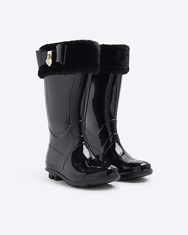 Girls Black Faux Fur Bow Wellies