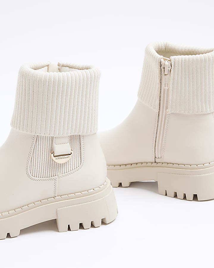 Girls cream roll knit detail boots