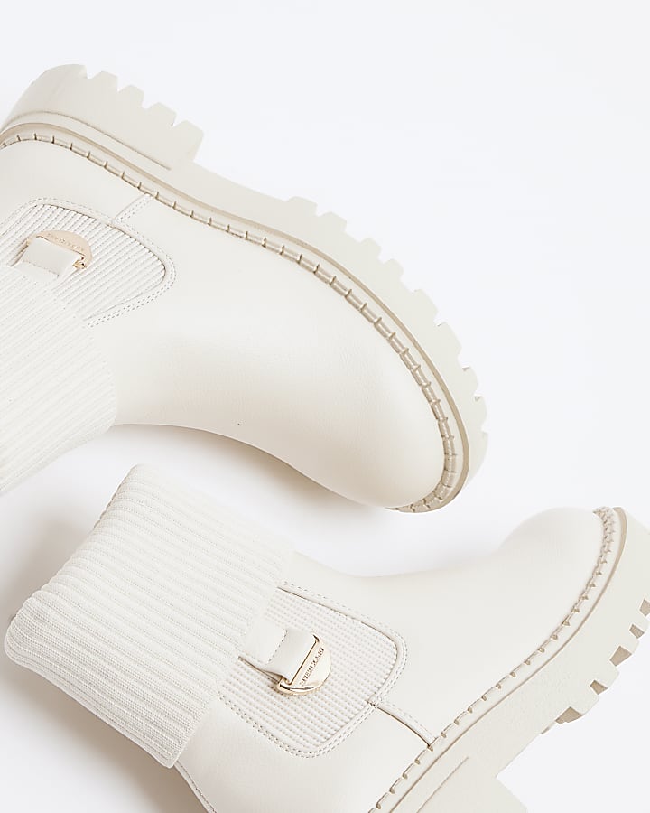 Girls cream roll knit detail boots