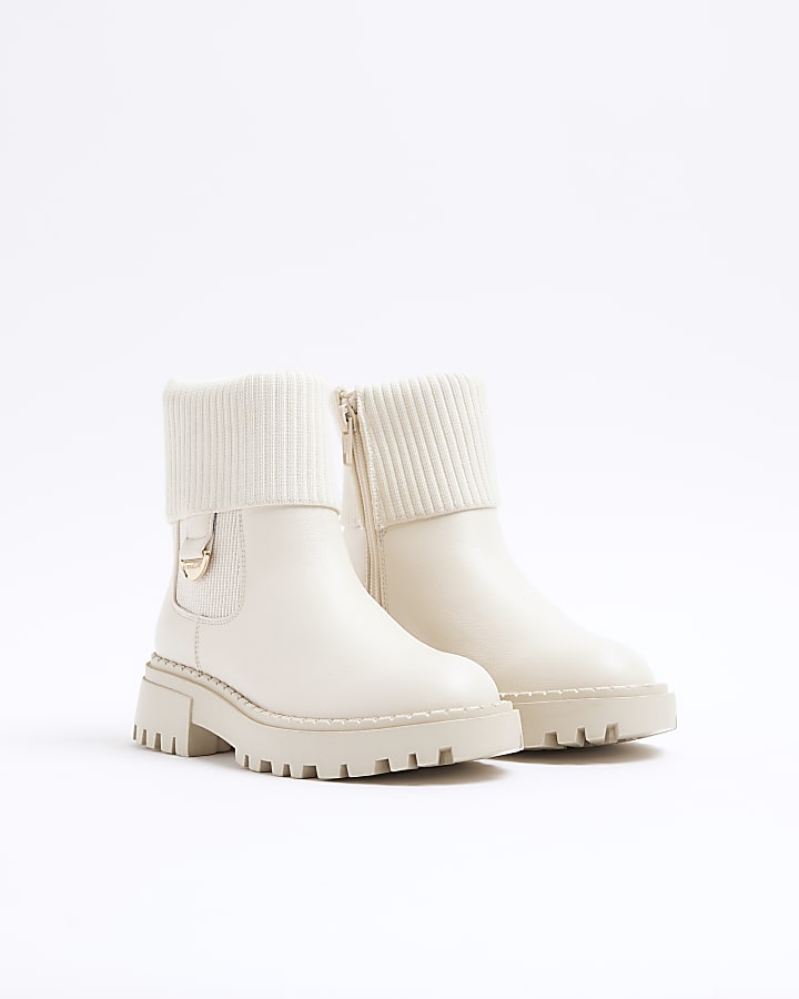 Girls cream roll knit detail boots