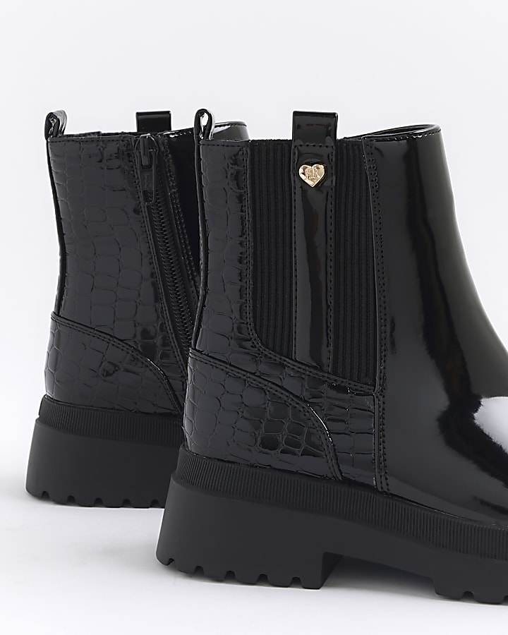 Girls black patent stud chelsea boots