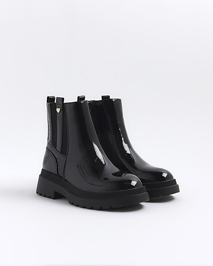 Girls black patent stud chelsea boots