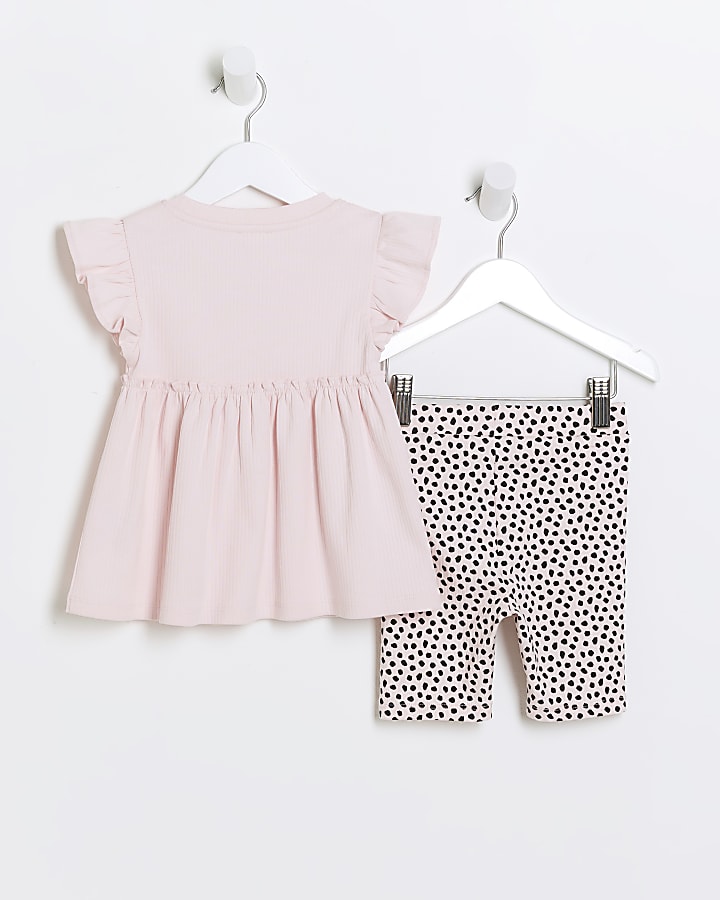 Mini girls pink ribbed peplum top set