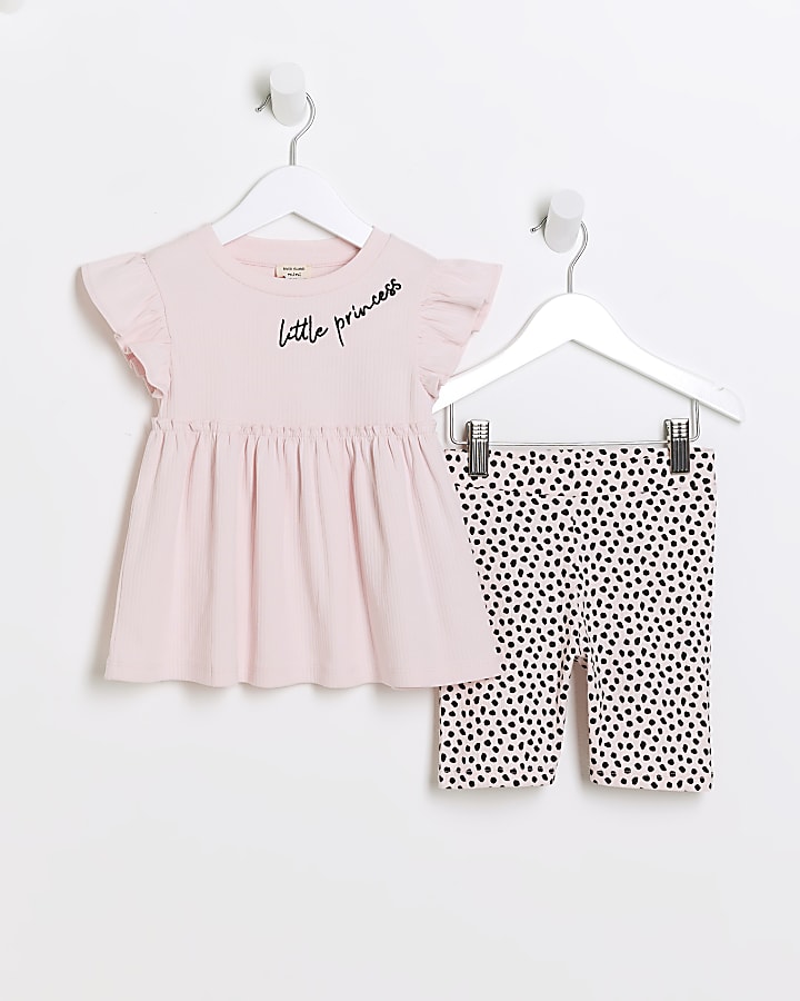 Mini girls pink ribbed peplum top set