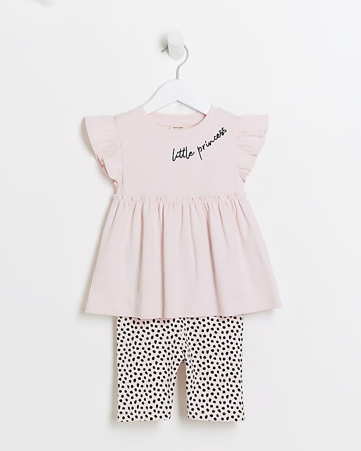 Mini girls pink ribbed peplum top set