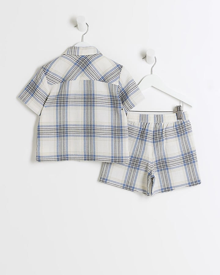 Mini boys blue check revere shirt set