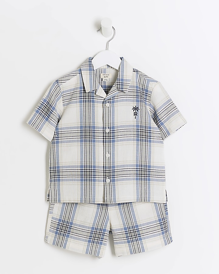 Mini boys blue check revere shirt set