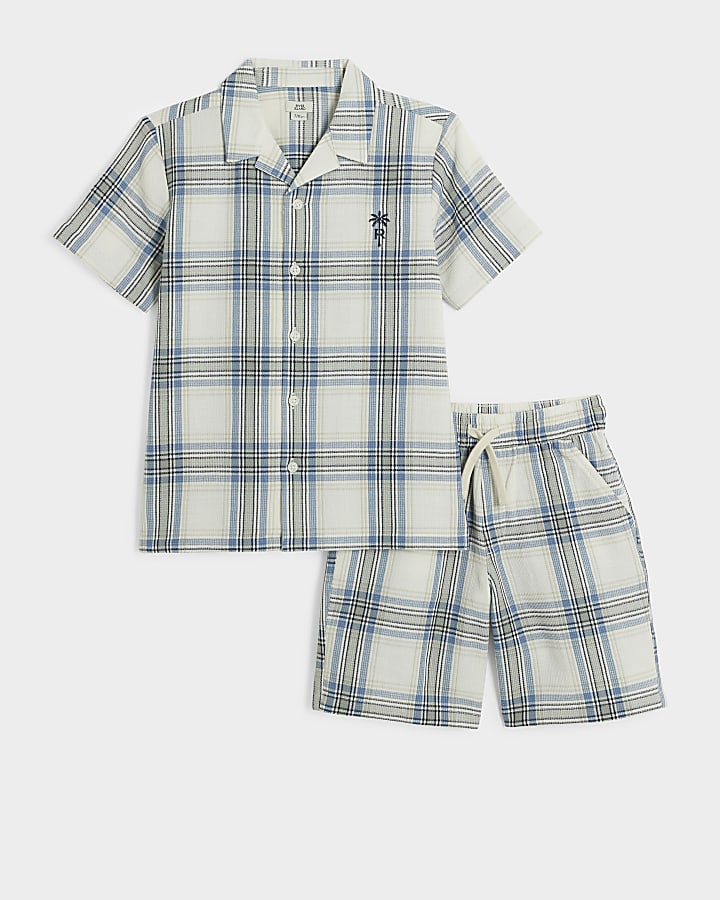 Boys blue check revere shirt and shorts set