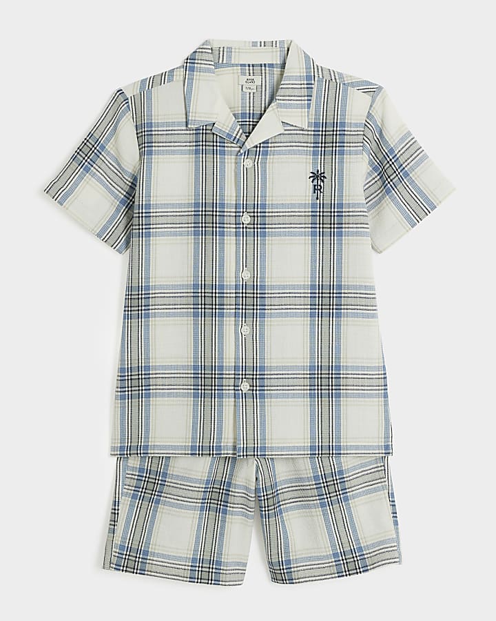 Boys blue check revere shirt and shorts set