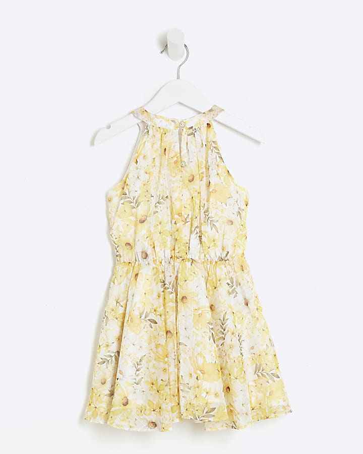 Mini girls yellow floral halter neck dress