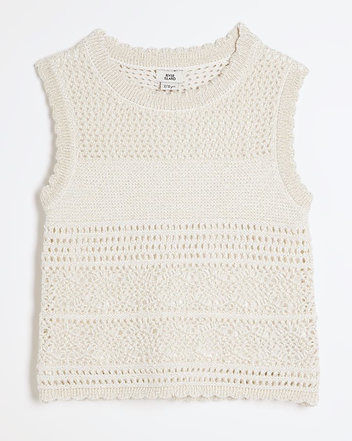 Girls cream crochet glitter tank top
