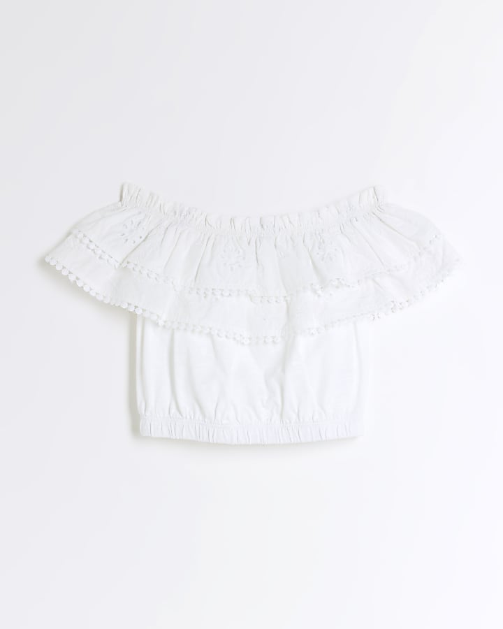 Girls white bardot broderie top