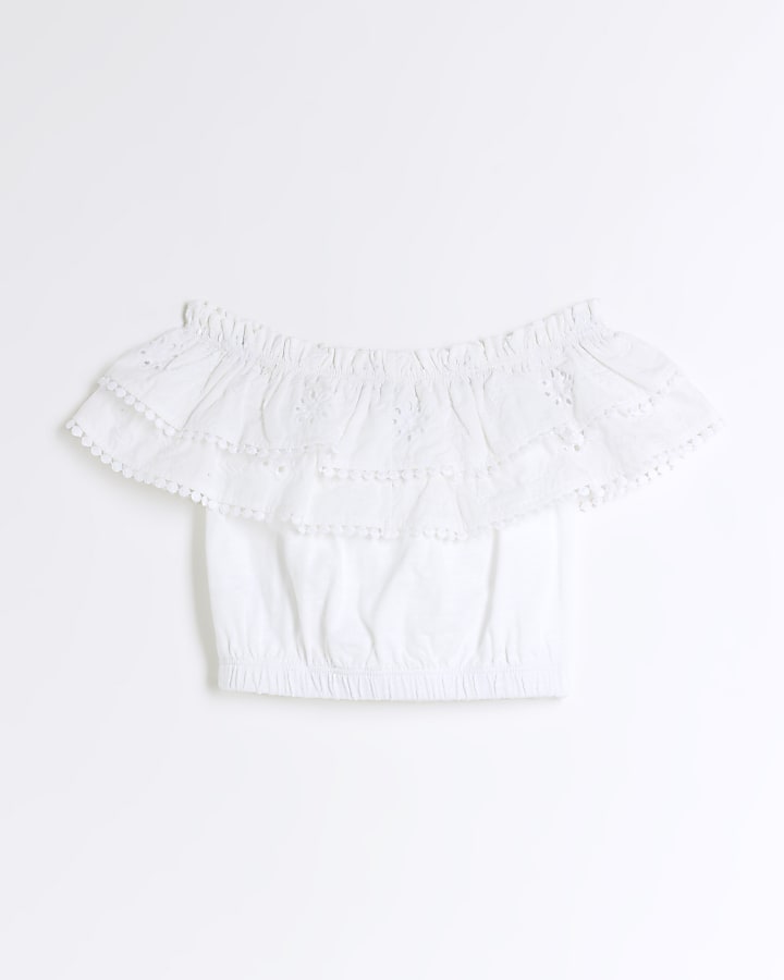 Girls white bardot broderie top