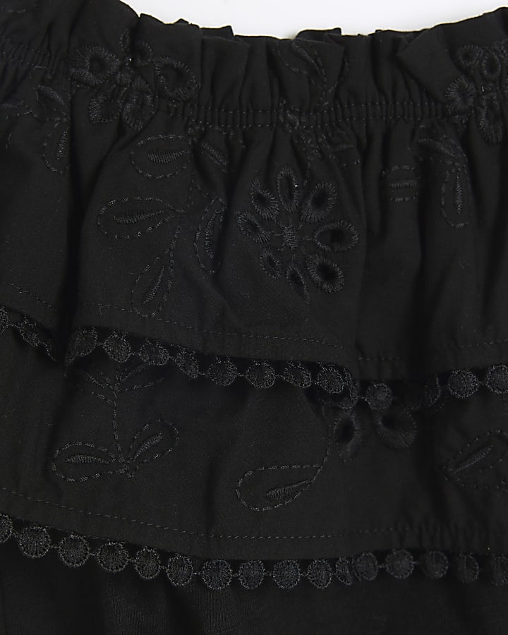 Girls black bardot broderie top