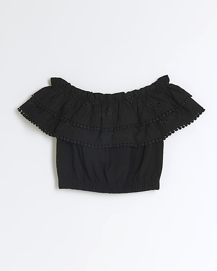 Girls black bardot broderie top