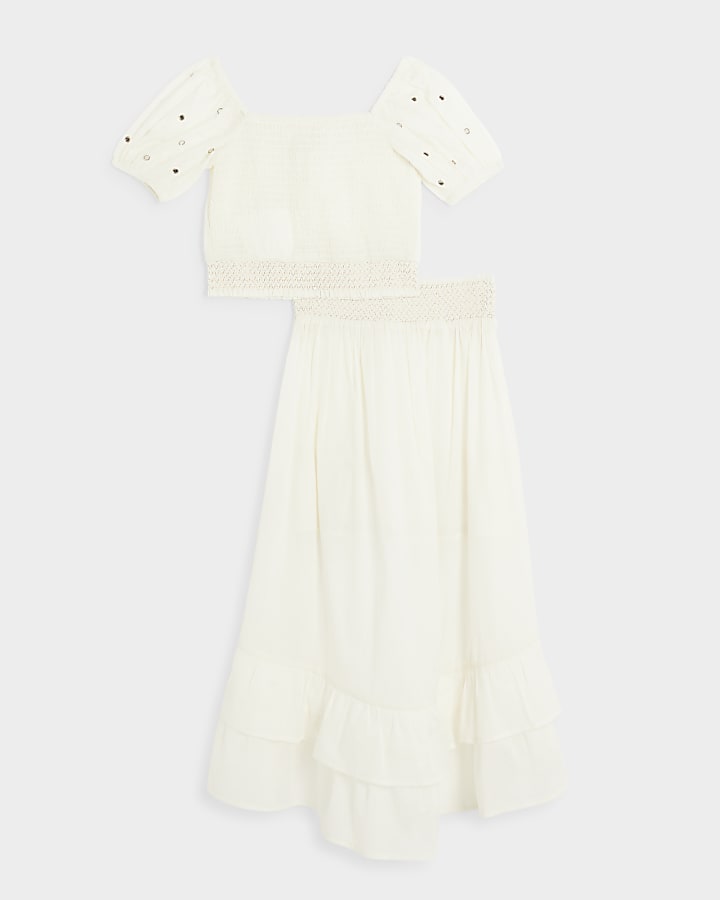 Girls cream mirror detail top and skirt set