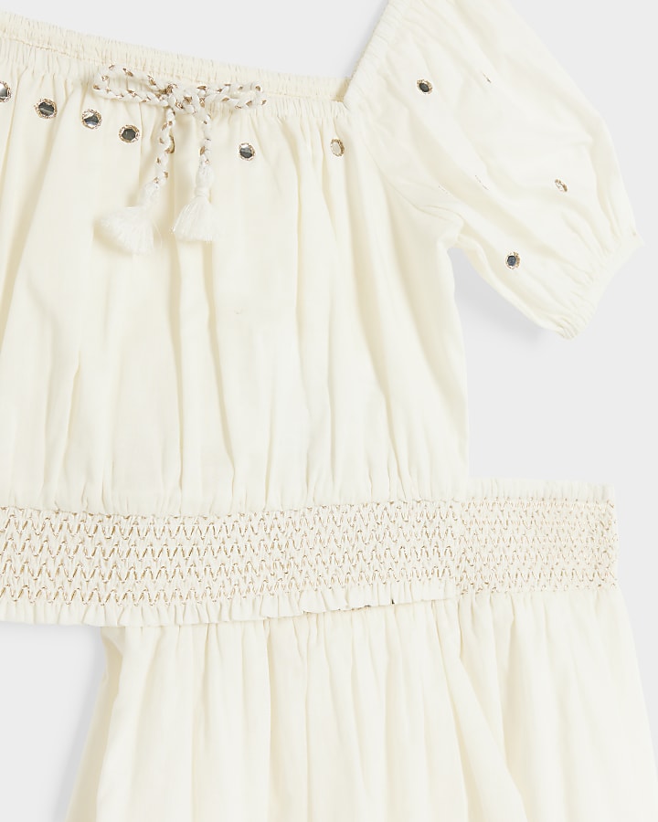 Girls cream mirror detail top and skirt set