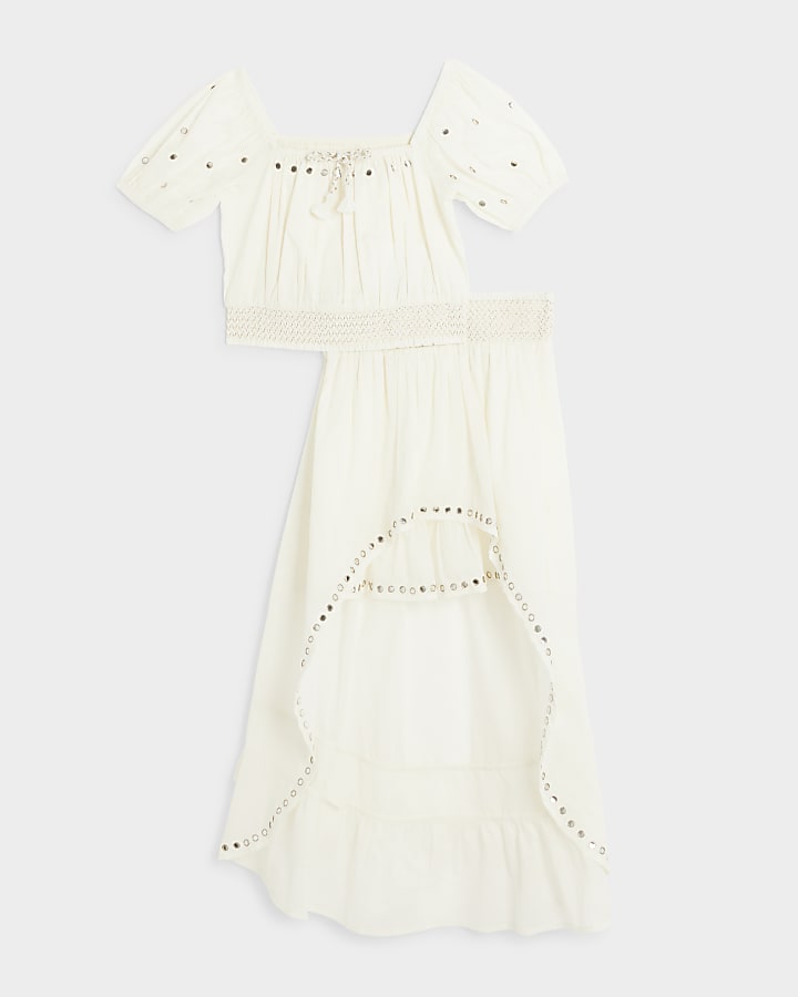 Girls cream mirror detail top and skirt set