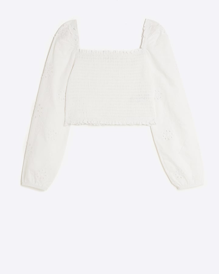 Girls white shirred broderie blouse