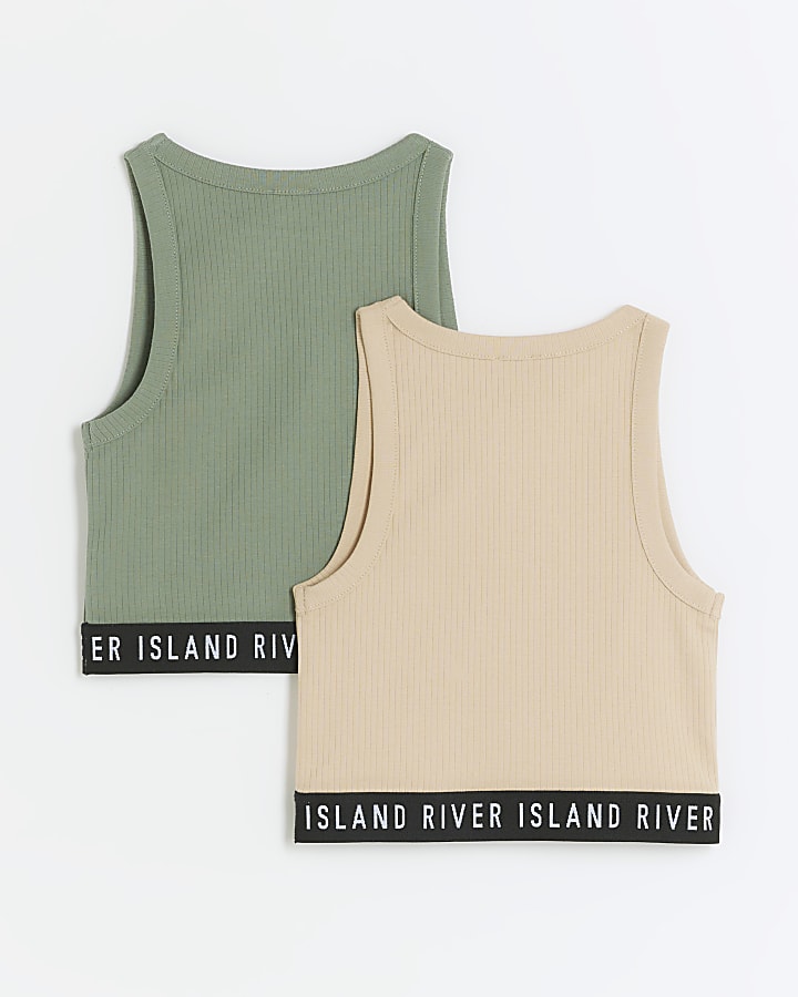 Girls khaki RI ribbed tank top 2 pack