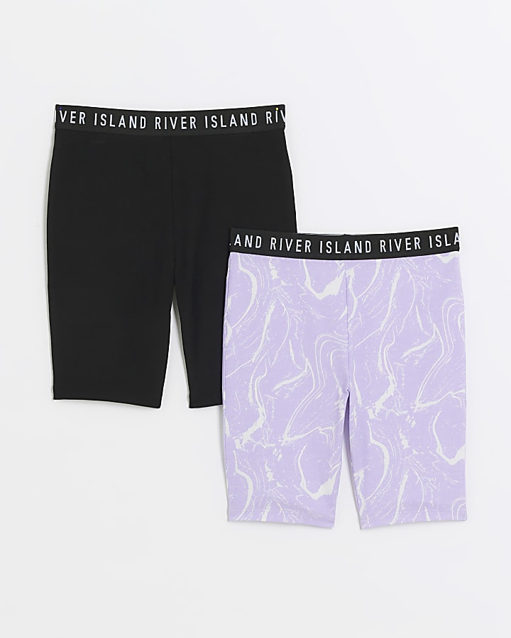 Girls Purple marble print cycle shorts 2 pack River Island