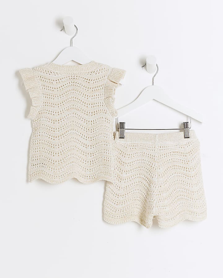 Mini girls cream crochet glitter tank top set