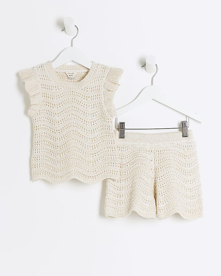 Mini girls cream crochet glitter tank top set