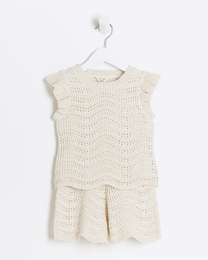 Mini girls cream crochet glitter tank top set