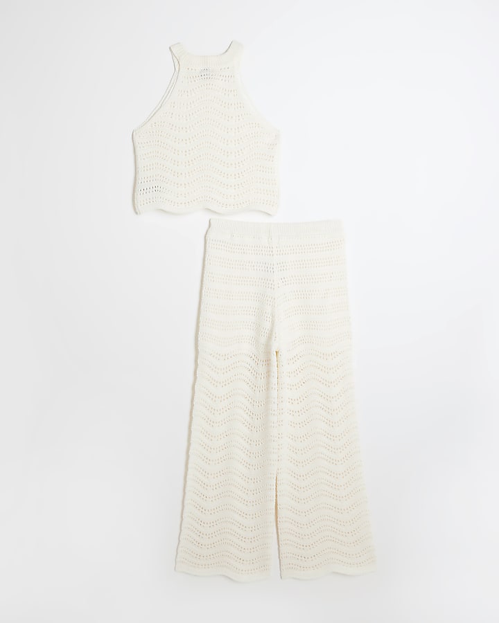 Girls cream crochet tank top and trousers set