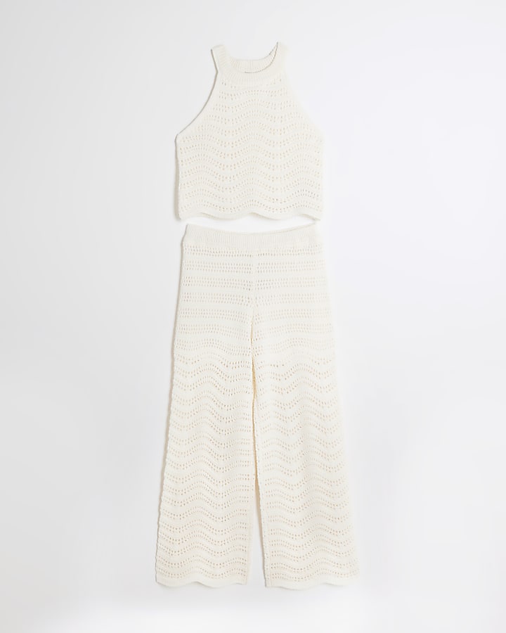 Girls cream crochet tank top and trousers set