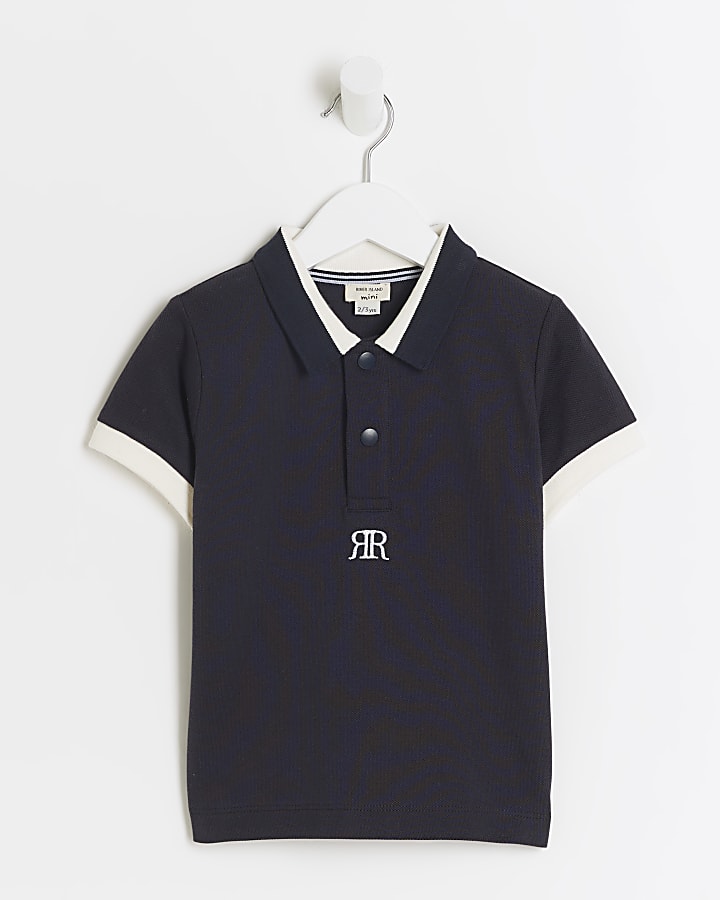 Mini boys navy textured polo shirt