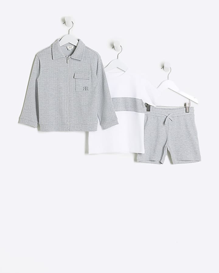 Mini Boys Grey Herringbone Shacket and shorts