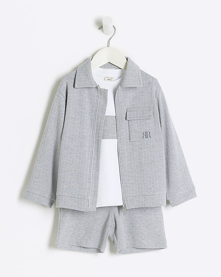 Mini Boys Grey Herringbone Shacket and shorts