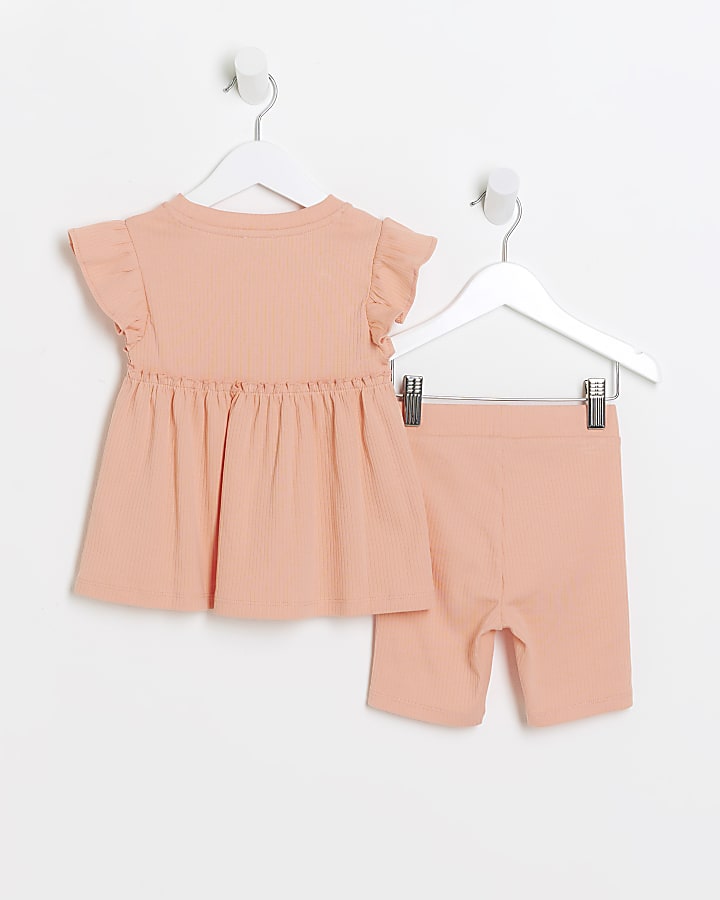 Mini girls coral ribbed peplum top set